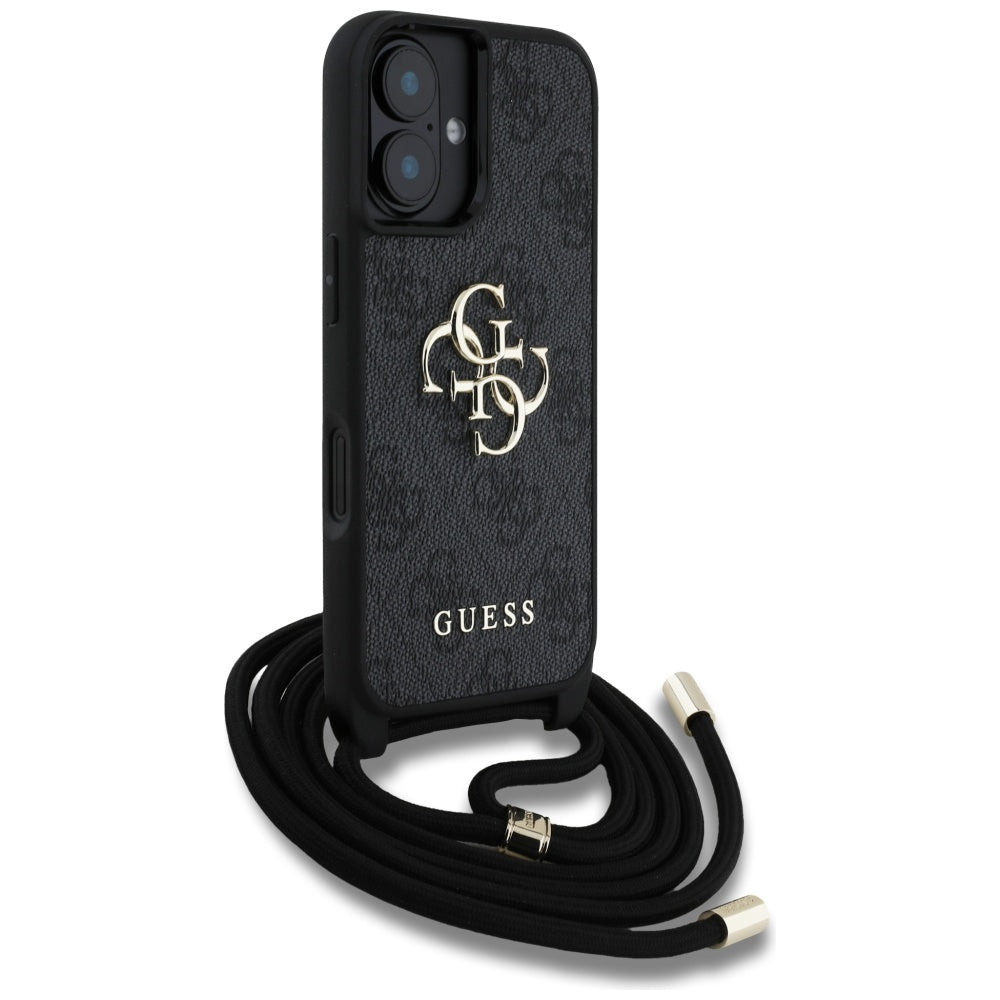 Guess 4G dėklas iPhone 16 Plus – juodas su dirželiu
