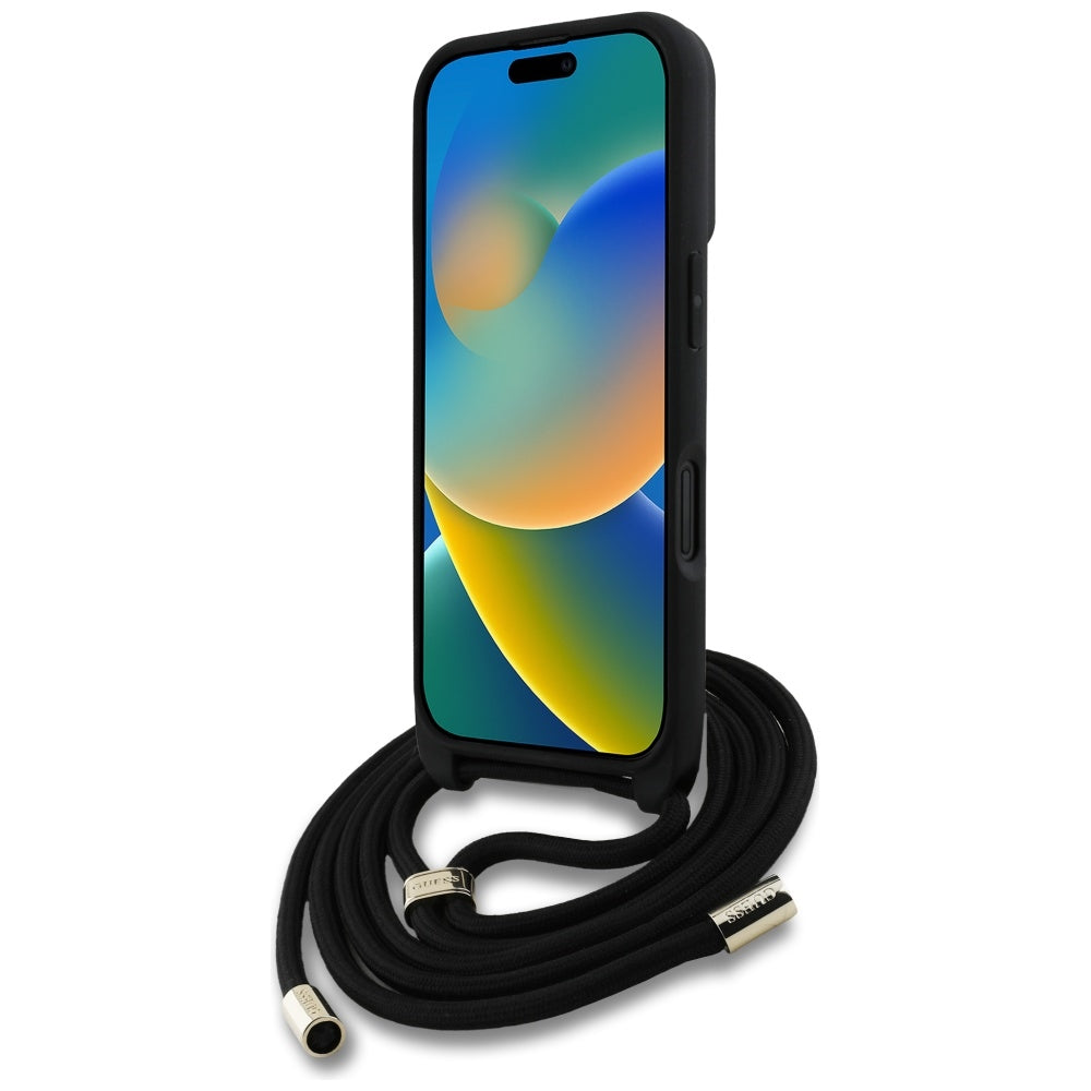 Guess 4G dėklas iPhone 16 Plus – juodas su dirželiu