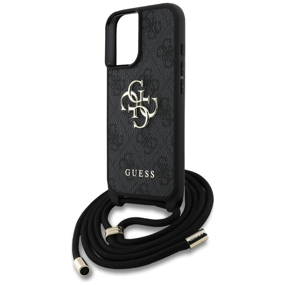 Guess 4G dėklas iPhone 16 Plus – juodas su dirželiu