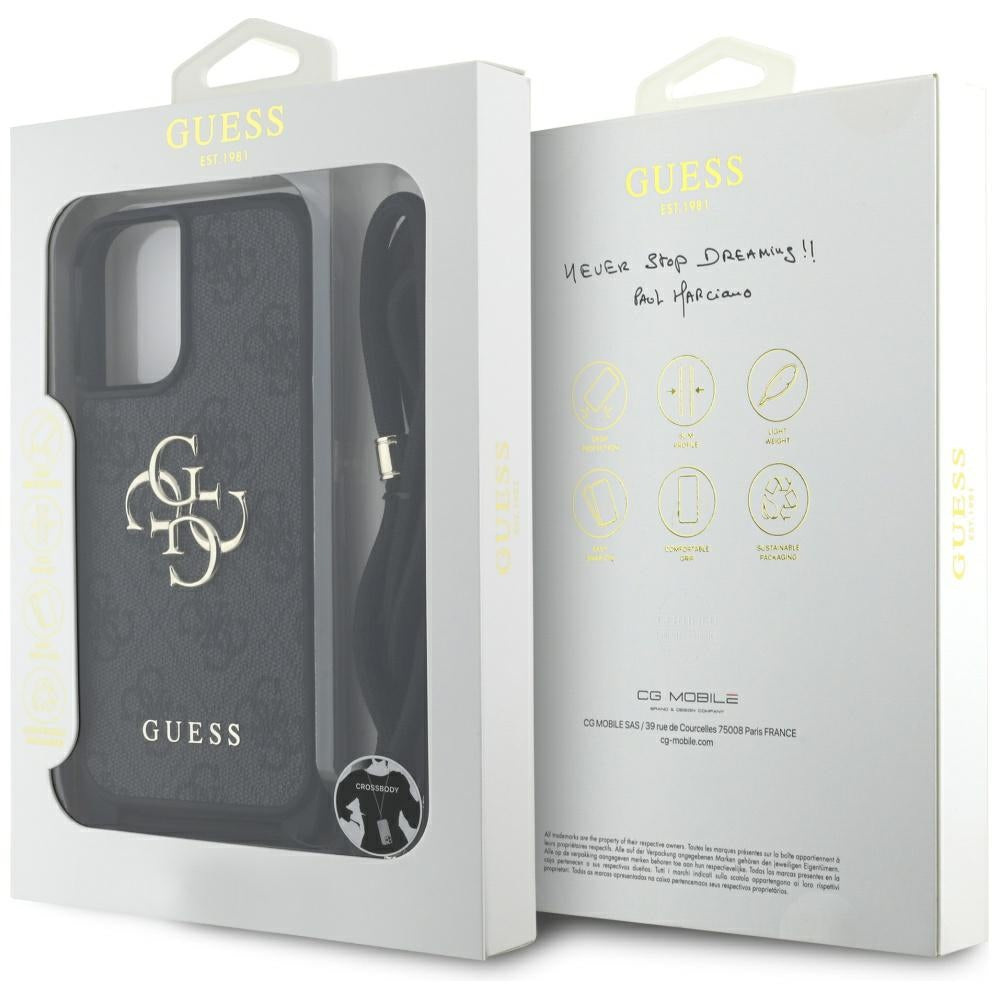 Guess 4G dėklas iPhone 16 Plus – juodas su dirželiu