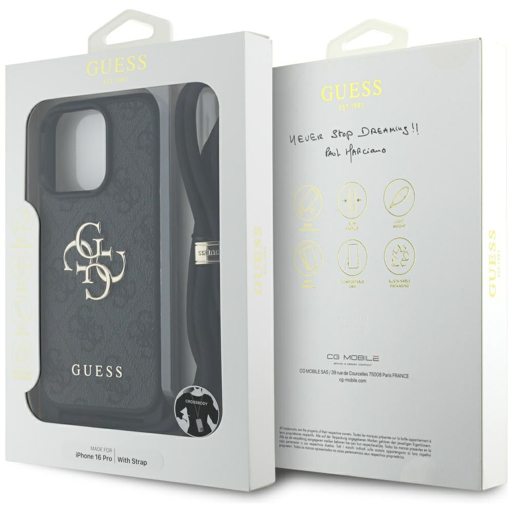 Guess 4G dėklas su dirželiu iPhone 16 Pro – juodas
