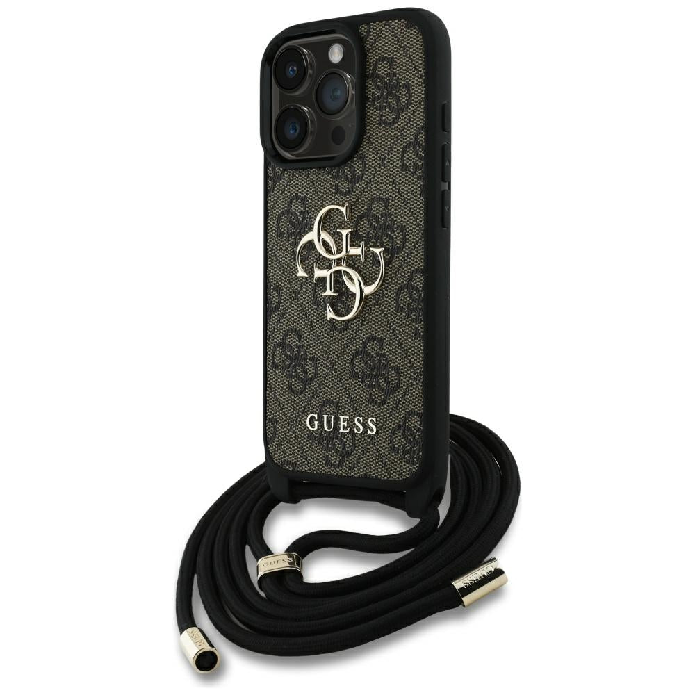 Guess 4G dėklas iPhone 16 Pro Max – rudas su dirželiu