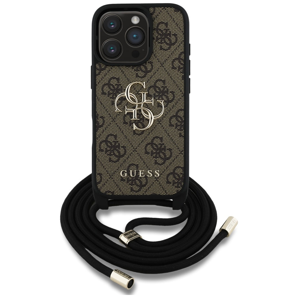 Guess 4G dėklas iPhone 16 Pro Max – rudas su dirželiu