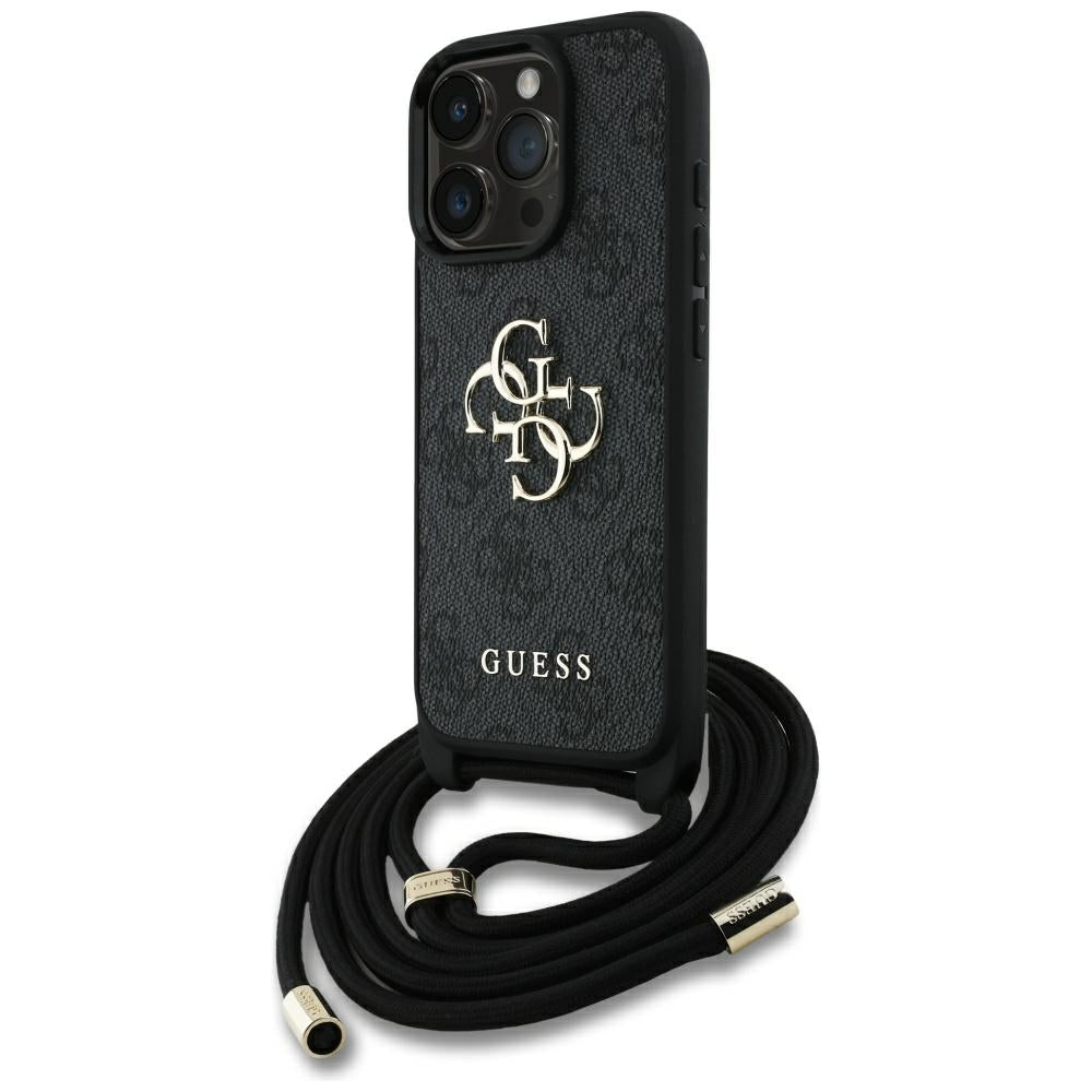 Guess 4G dėklas su dirželiu iPhone 16 Pro Max – juodas