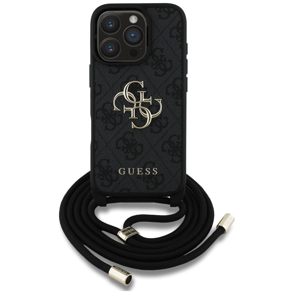 Guess 4G dėklas su dirželiu iPhone 16 Pro Max – juodas