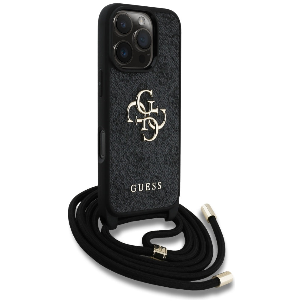 Guess 4G dėklas su dirželiu iPhone 16 Pro Max – juodas