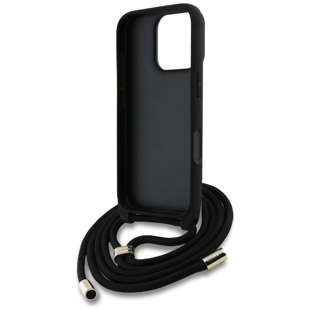 Guess 4G dėklas su dirželiu iPhone 16 Pro Max – juodas