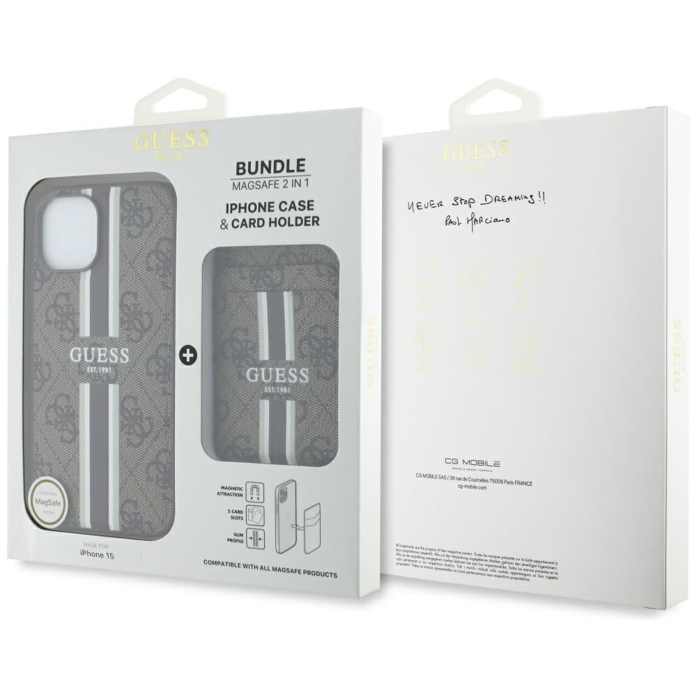 Guess MagSafe dėklas su pinigine iPhone 15 – rudas