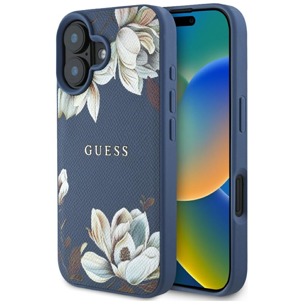 Guess MagSafe dėklas iPhone 16 – mėlynas, gėlių raštas