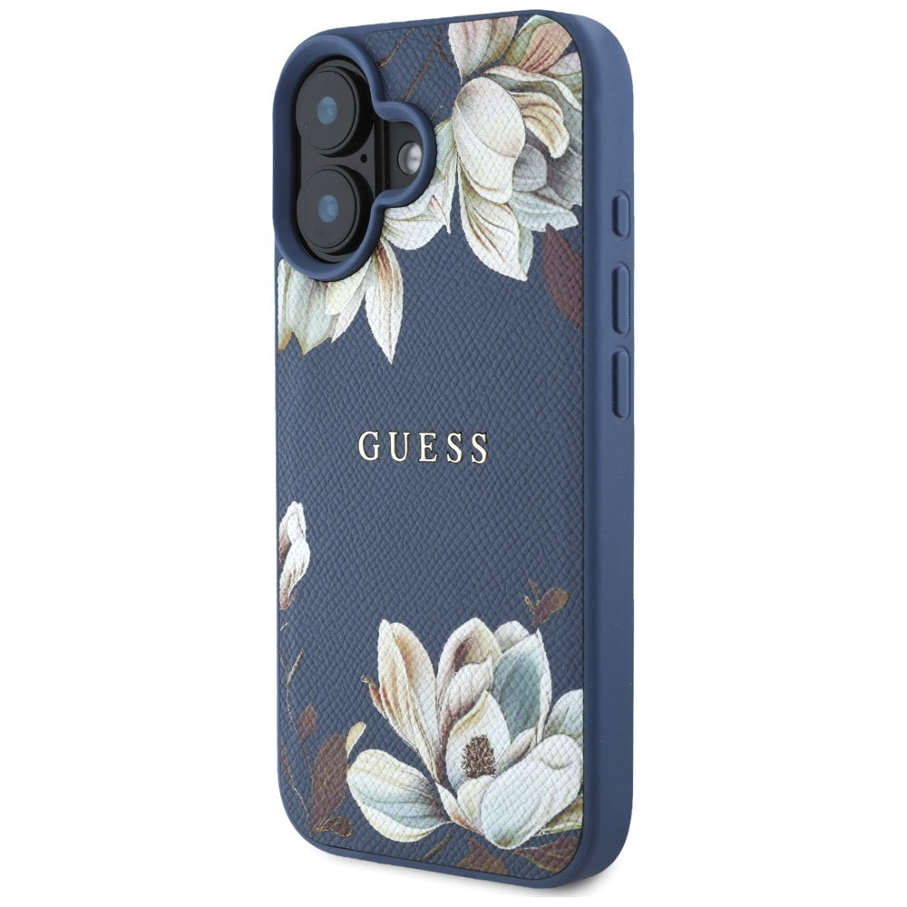 Guess MagSafe dėklas iPhone 16 – mėlynas, gėlių raštas
