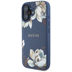 Guess MagSafe dėklas iPhone 16 – mėlynas, gėlių raštas