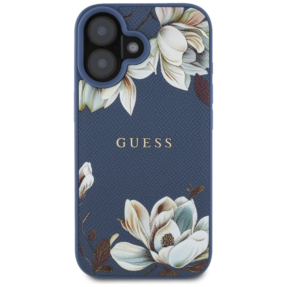 Guess MagSafe dėklas iPhone 16 – mėlynas, gėlių raštas