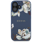 Guess MagSafe dėklas iPhone 16 – mėlynas, gėlių raštas