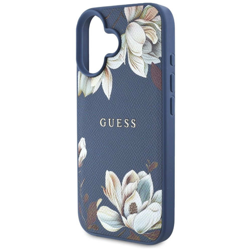 Guess MagSafe dėklas iPhone 16 – mėlynas, gėlių raštas