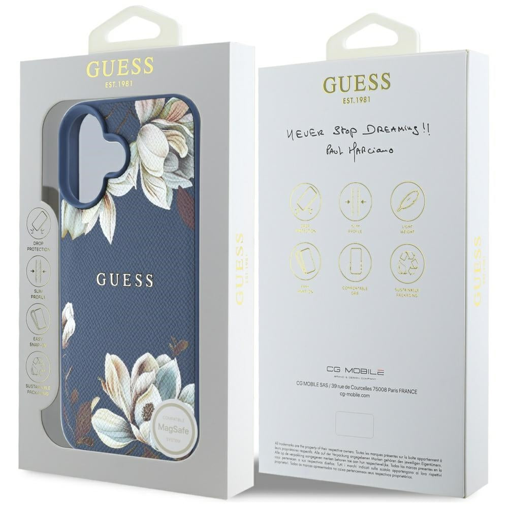 Guess MagSafe dėklas iPhone 16 – mėlynas, gėlių raštas
