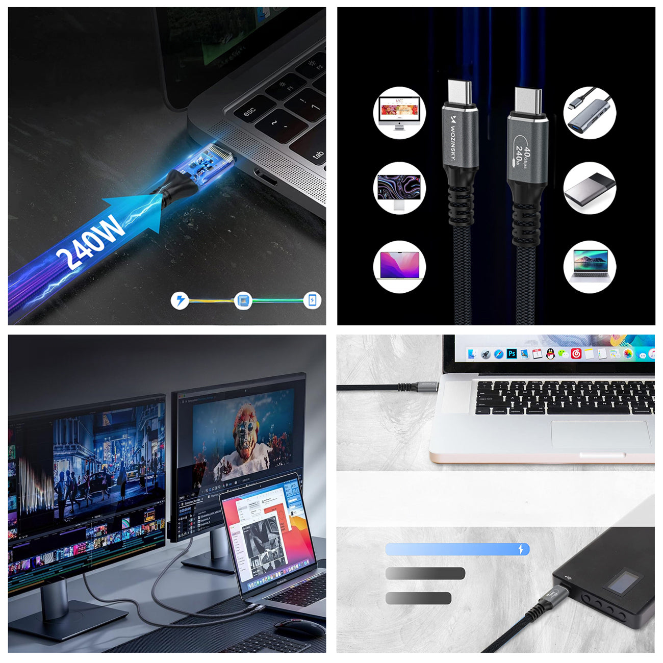 Wozinsky WPS-UY41S Laidas USB-C USB4 40Gb/s 240W 1m 4K juodas