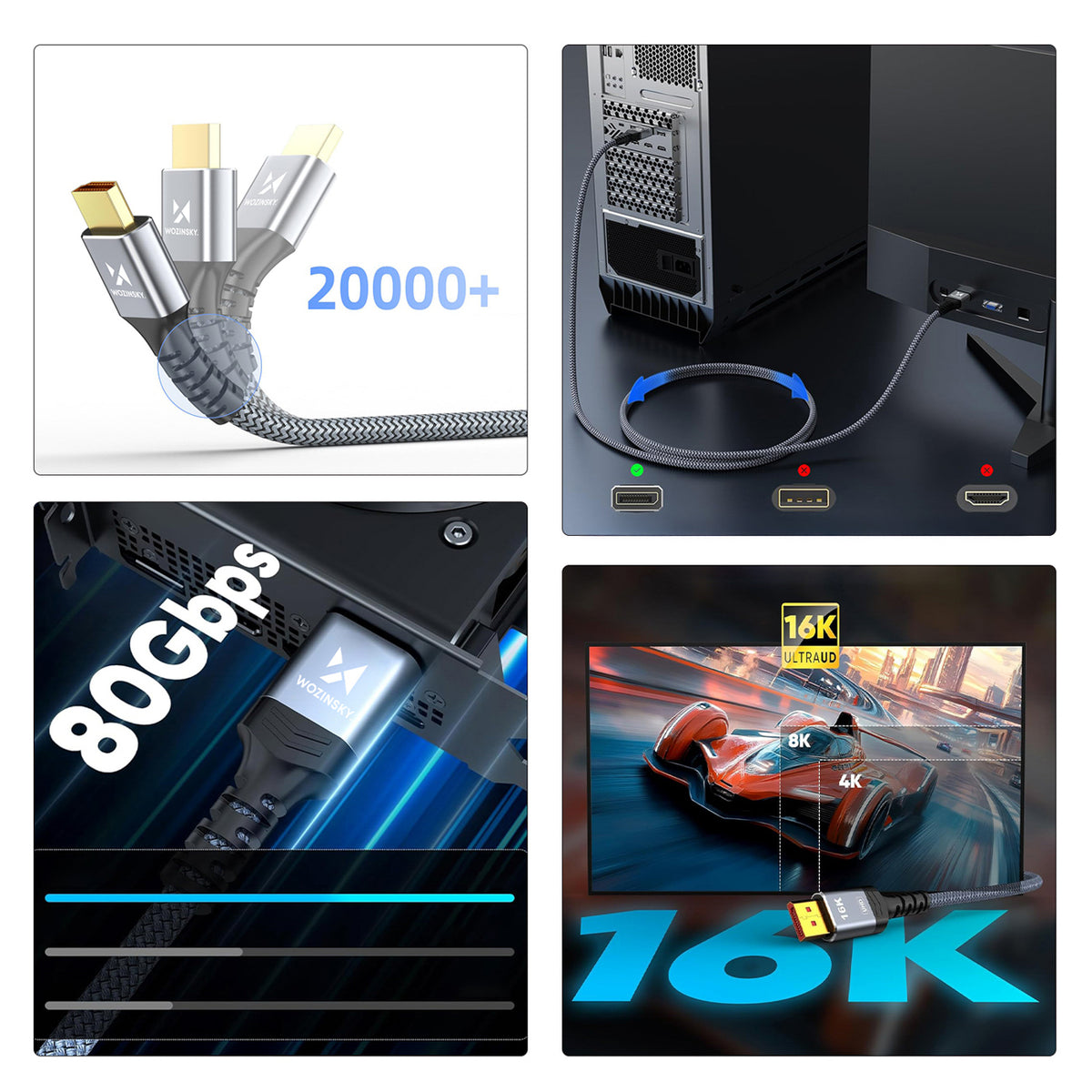 Wozinsky WPS-16AYL3S DisplayPort 2.1 kabelis 80 Gb/s 16K@60Hz 8K@120Hz 4K@240Hz HDR HDCP DSC 3m - juodas -- Video Cables