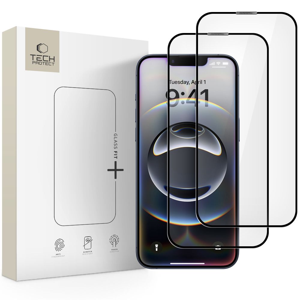 Tech-Protect Glass Fit+ grūdintas stiklas iPhone 16e/14/13 Pro/13 – juodas (2 vnt.) -- iPhone 16e / iPhone 14 / iPhone 13...