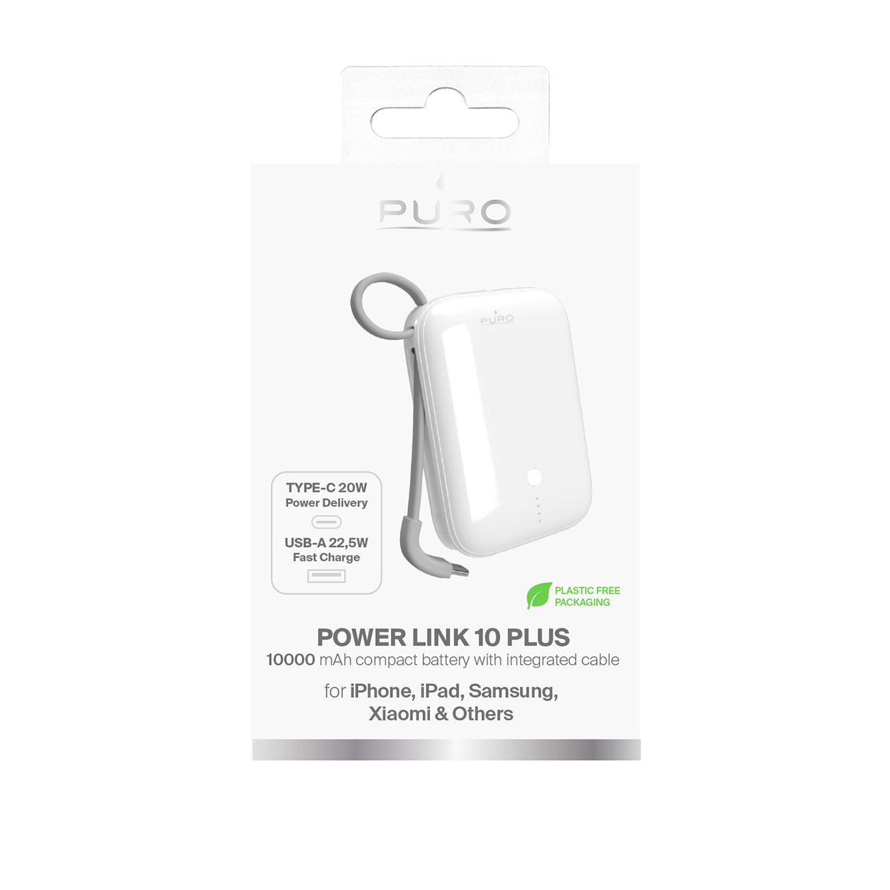 Puro Išorinė baterija Power Link 10 Plus 10000mAh su integruotu USB-C laidu - baltas