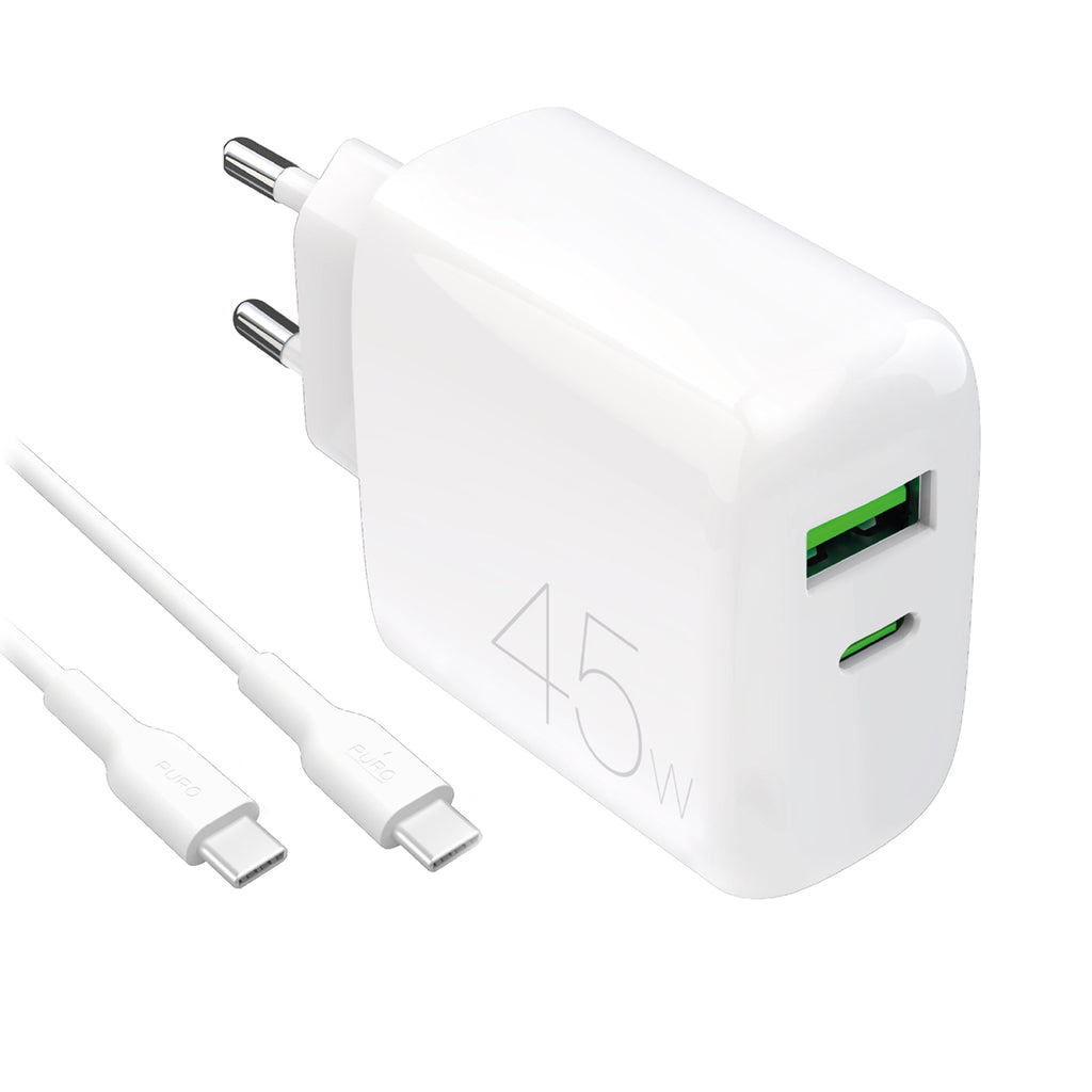 Puro Daily Prolite 45W USB-C USB-A Power Delivery įkroviklis su USB-C laidu - baltas
