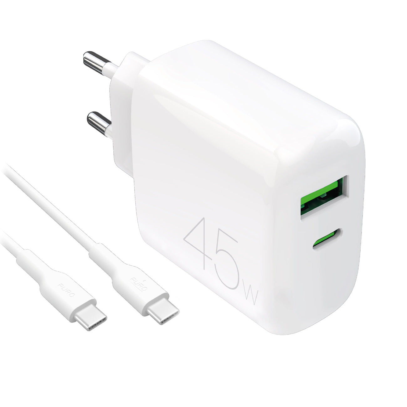 Puro Daily Prolite 45W USB-C USB-A Power Delivery įkroviklis su USB-C laidu - baltas