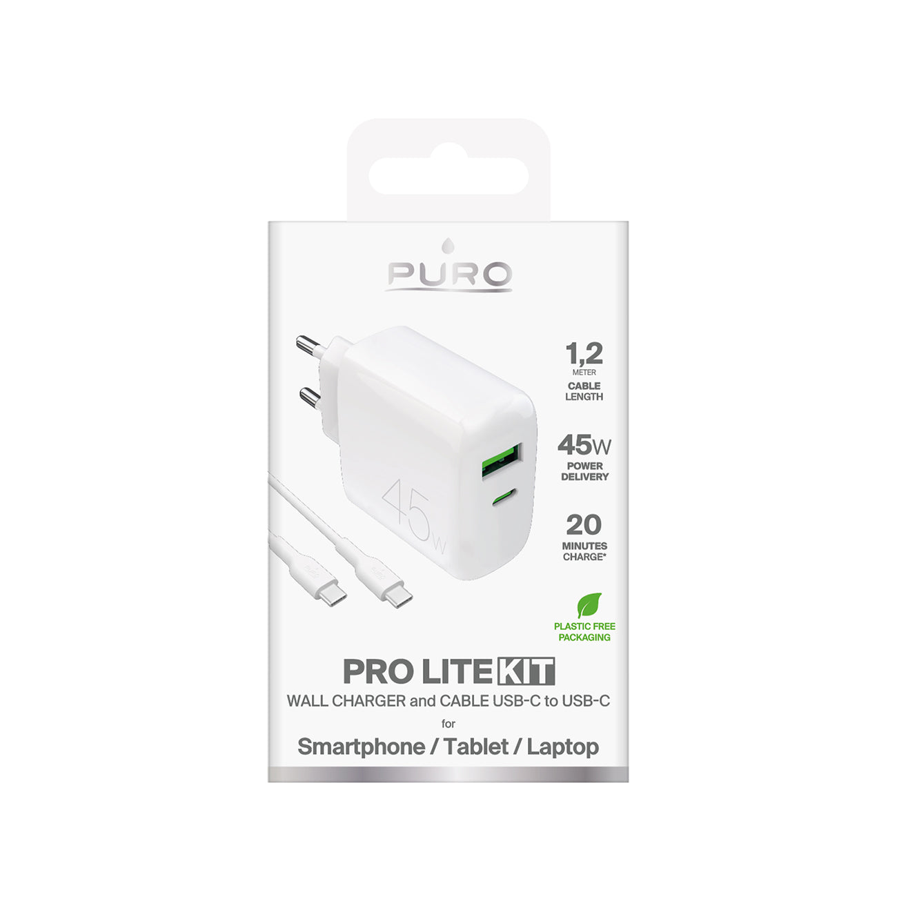 Puro Daily Prolite 45W USB-C USB-A Power Delivery įkroviklis su USB-C laidu - baltas