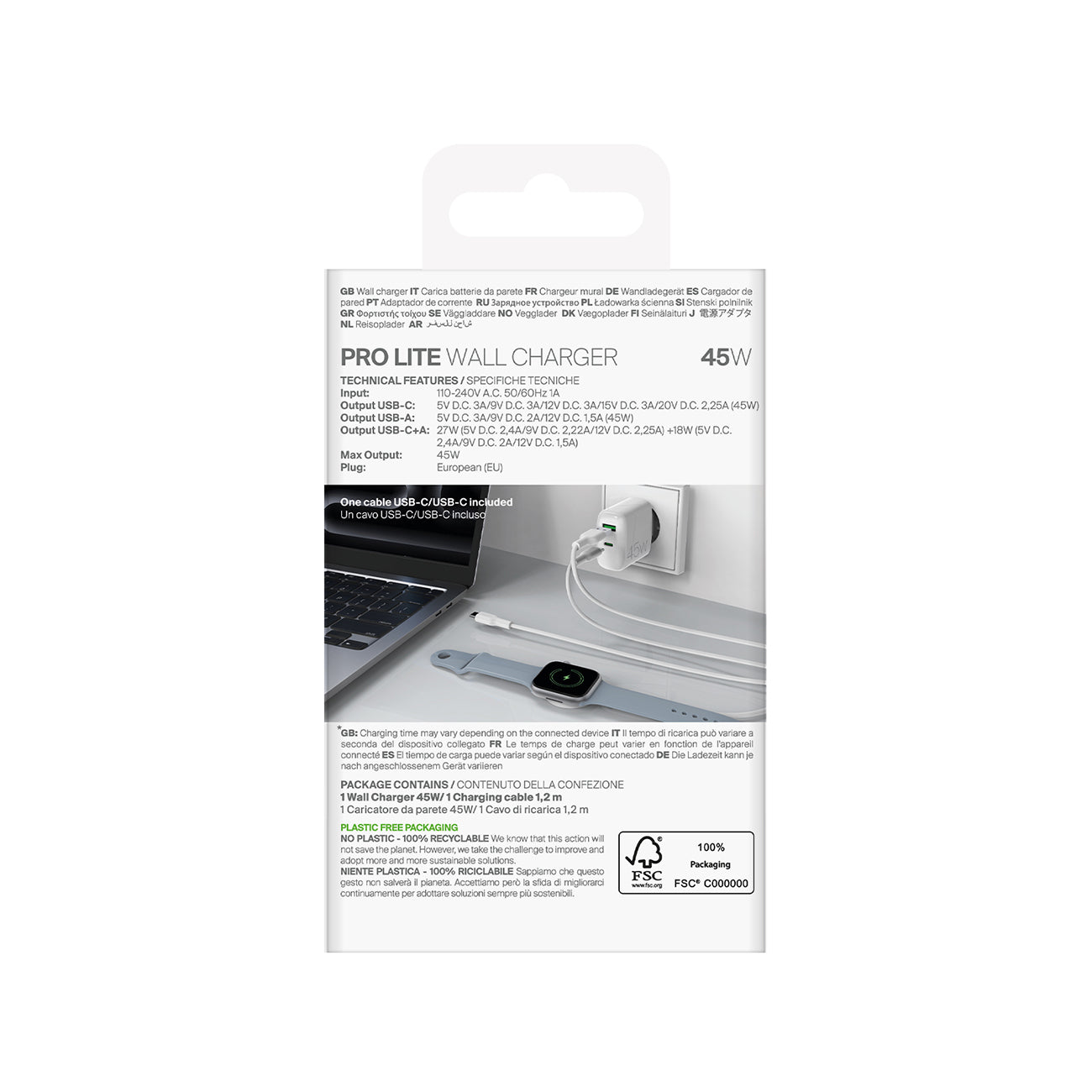 Puro Daily Prolite 45W USB-C USB-A Power Delivery įkroviklis su USB-C laidu - baltas