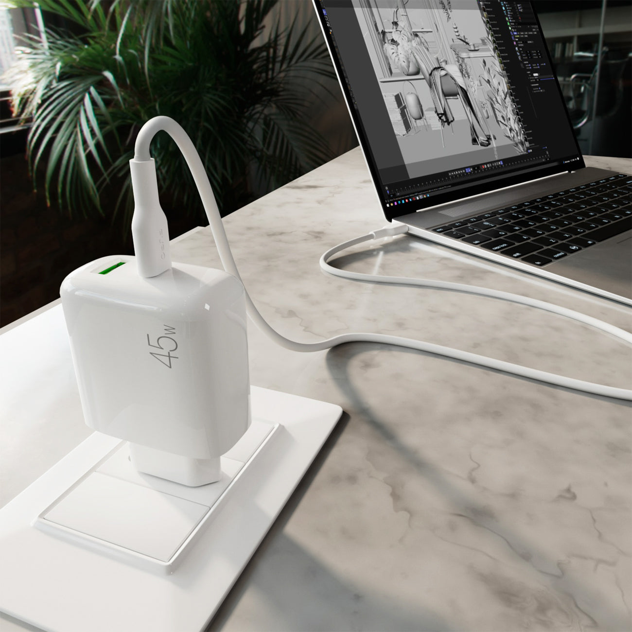 Puro Daily Prolite 45W USB-C USB-A Power Delivery įkroviklis su USB-C laidu - baltas