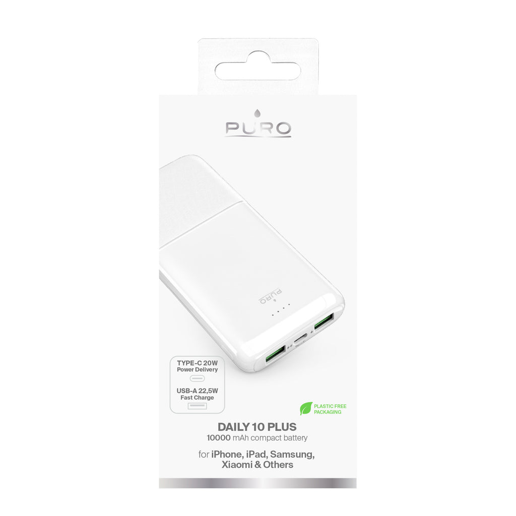 Puro Išorinė baterija DAILY 10 PLUS 10000mAh 2x USBA / 1x USB-C 22.5W - baltas