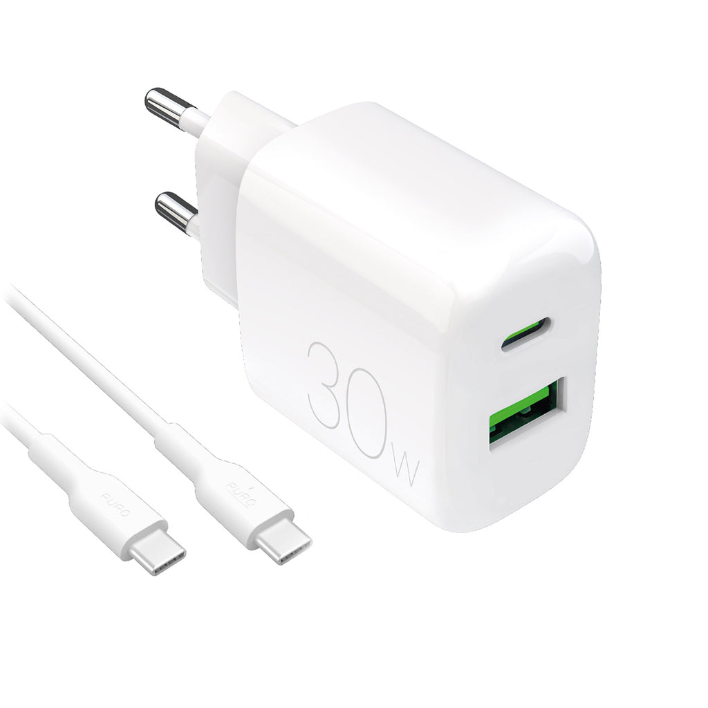 Puro PROLITE 30W USB-A / USB-C sieninis įkroviklis + USB-C - USB-C laidas 1.2m - baltas
