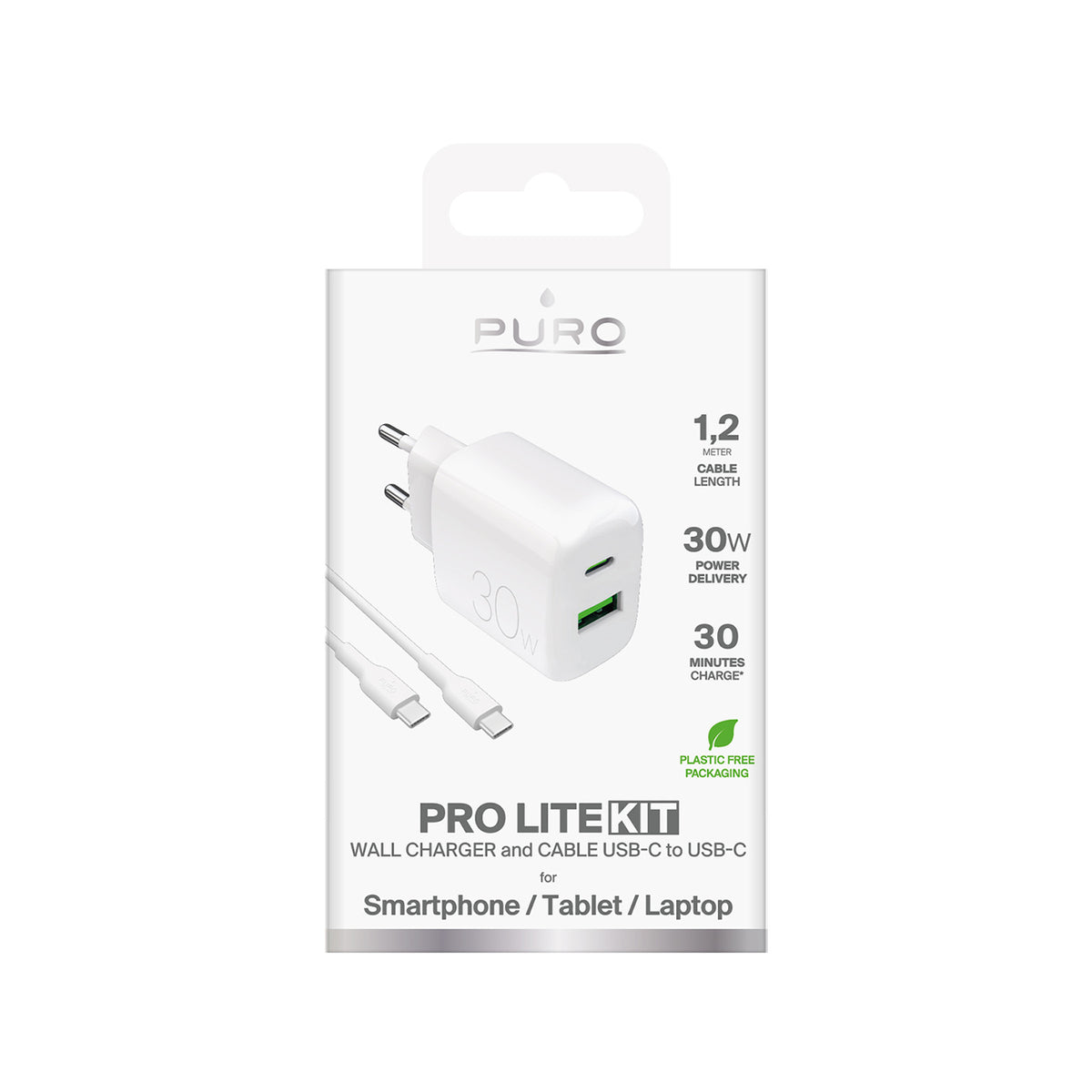 Puro PROLITE 30W USB-A / USB-C sieninis įkroviklis + USB-C - USB-C laidas 1.2m - baltas