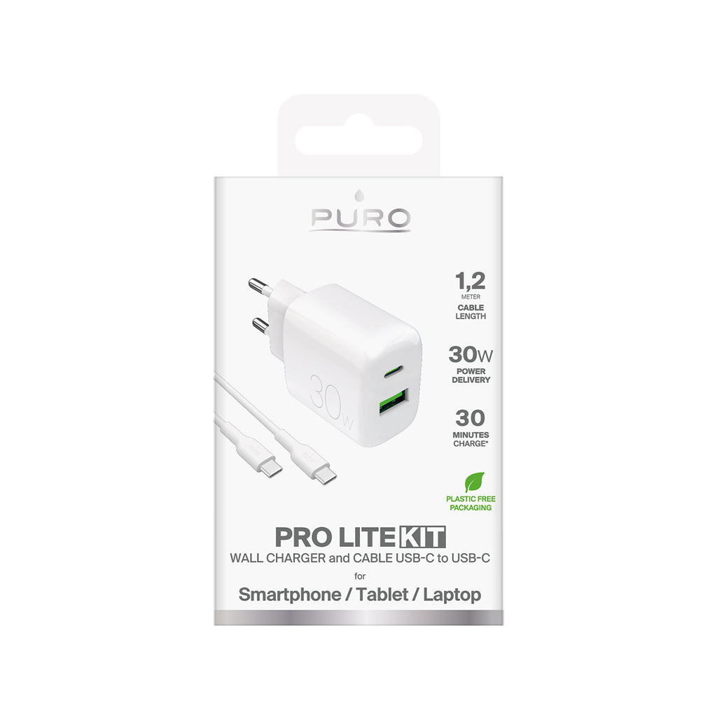 Puro PROLITE 30W USB-A / USB-C sieninis įkroviklis + USB-C - USB-C laidas 1.2m - baltas