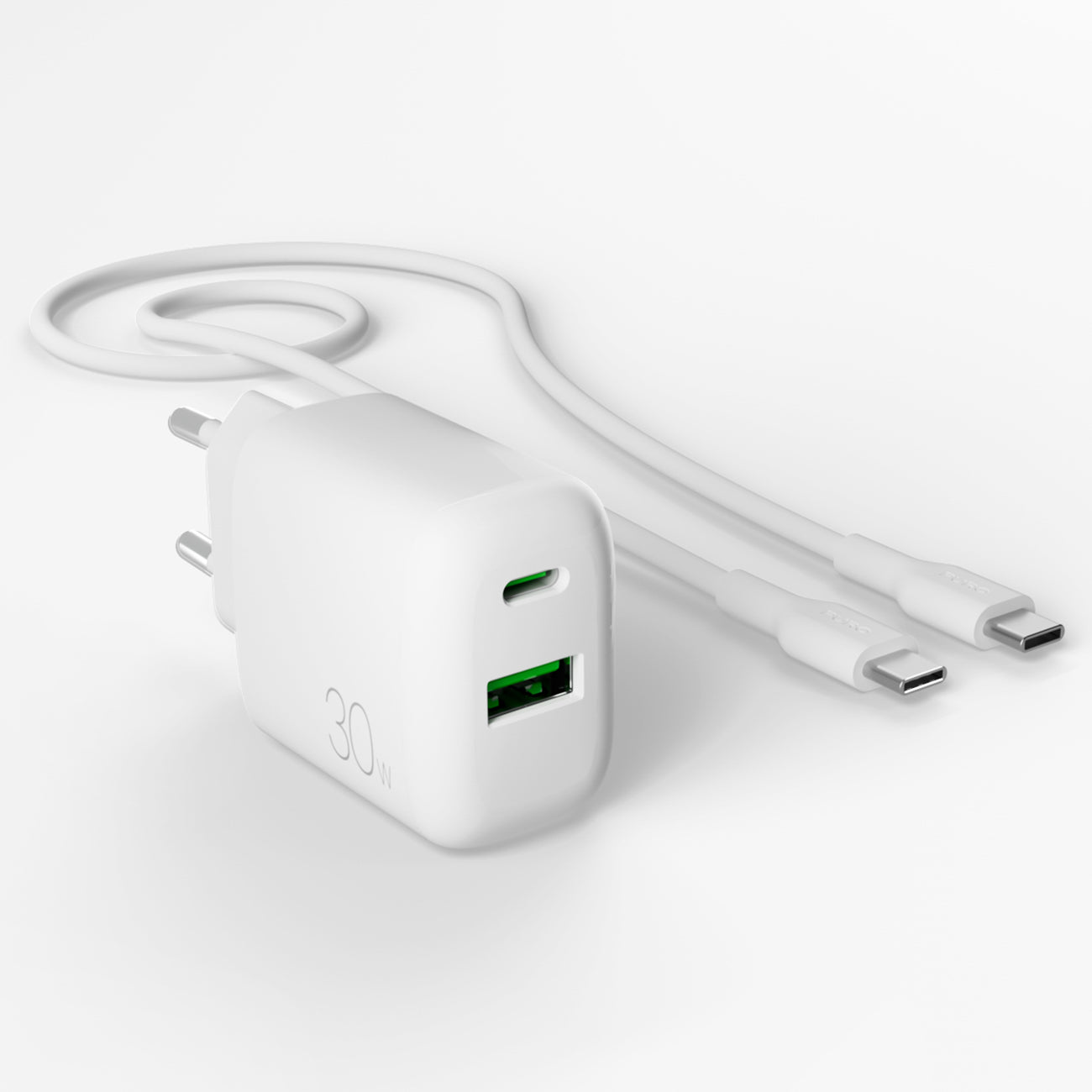Puro PROLITE 30W USB-A / USB-C sieninis įkroviklis + USB-C - USB-C laidas 1.2m - baltas