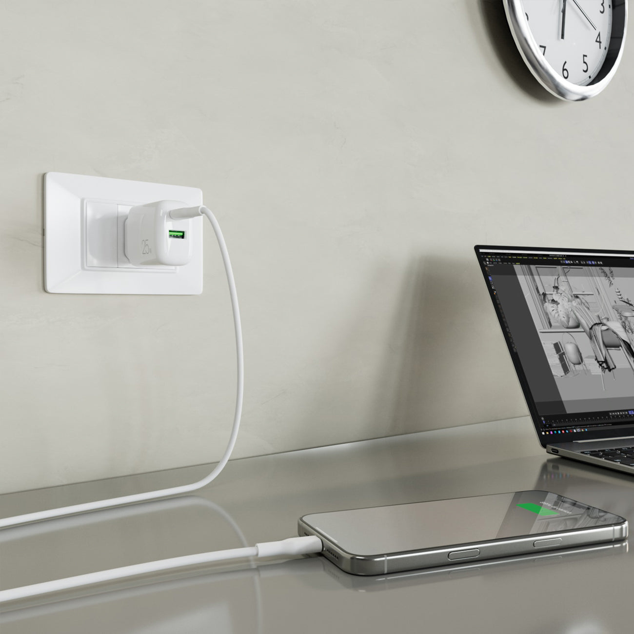 Puro PROLITE 25W USB-A / USB-C sieninis įkroviklis + USB-C - USB-C laidas 1.2m - baltas