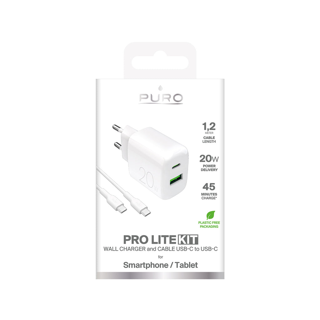Puro PROLITE 20W USB-A / USB-C sieninis įkroviklis + USB-C - USB-C laidas 1.2m - baltas -- Cell phone chargers