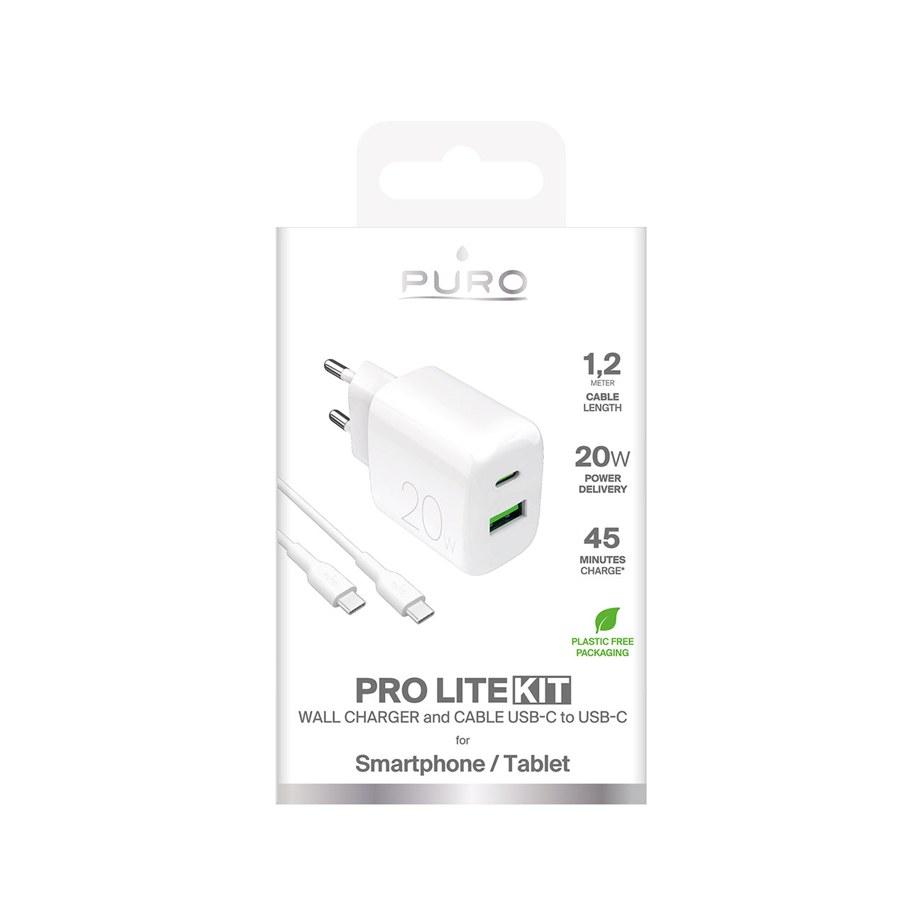 Puro PROLITE 20W USB-A / USB-C sieninis įkroviklis + USB-C - USB-C laidas 1.2m - baltas -- Cell phone chargers