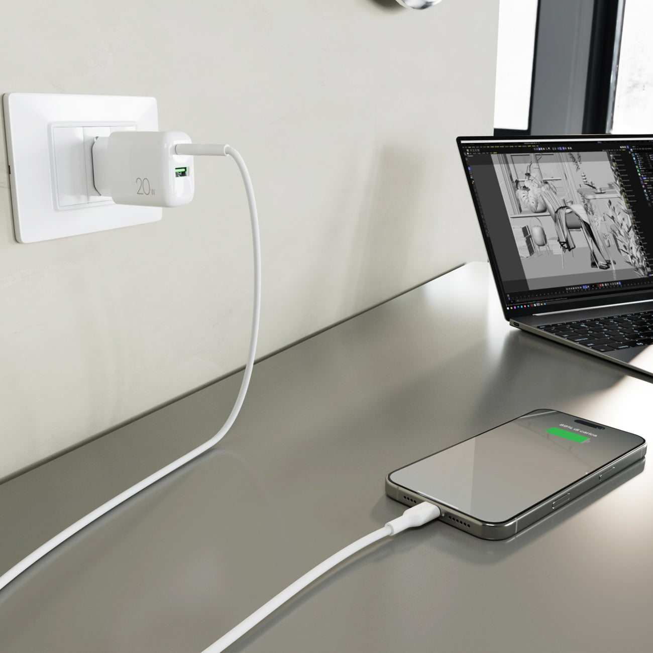 Puro PROLITE 20W USB-A / USB-C sieninis įkroviklis + USB-C - USB-C laidas 1.2m - baltas -- Cell phone chargers