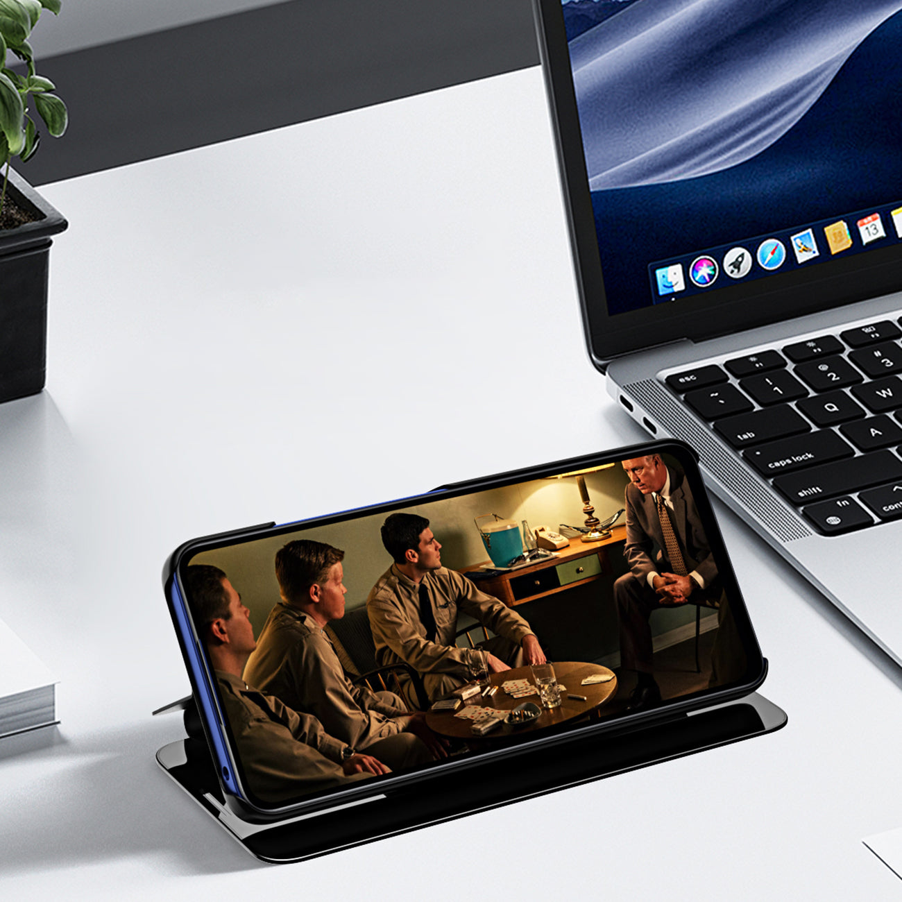 Clear View dėklas iPhone 16e su atverčiamu dangteliu – mėlynas