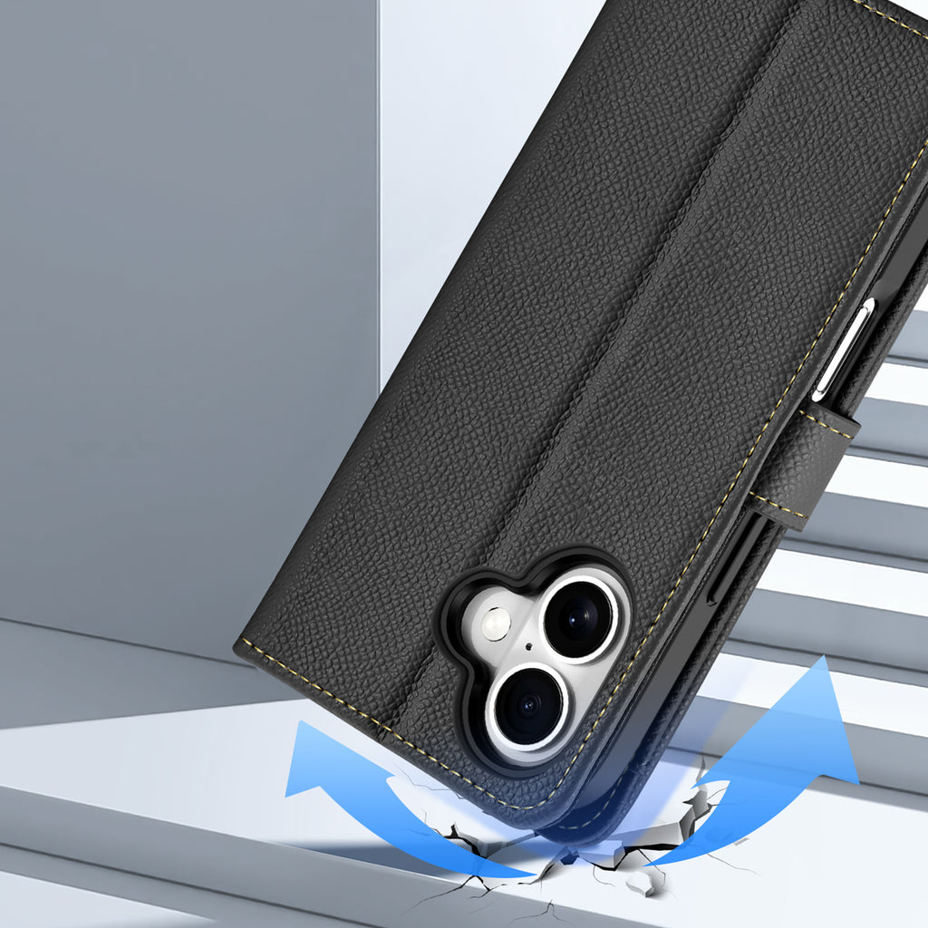 Dux Ducis Lawa odinis dėklas iPhone 16 su pinigine – juodas