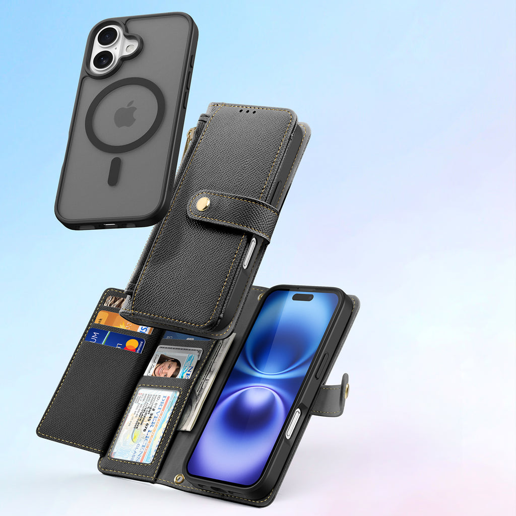 Dux Ducis Lawa odinis dėklas iPhone 16 su pinigine – juodas