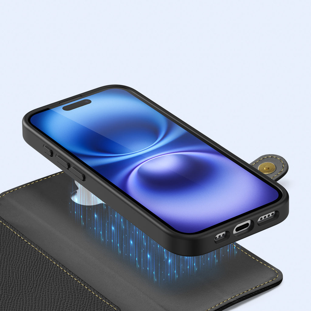 Dux Ducis Lawa odinis dėklas iPhone 16 su pinigine – juodas