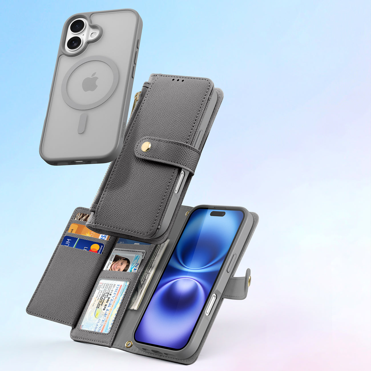 Odinis dėklas Dux Ducis Lawa iPhone 16 su pinigine – pilkas