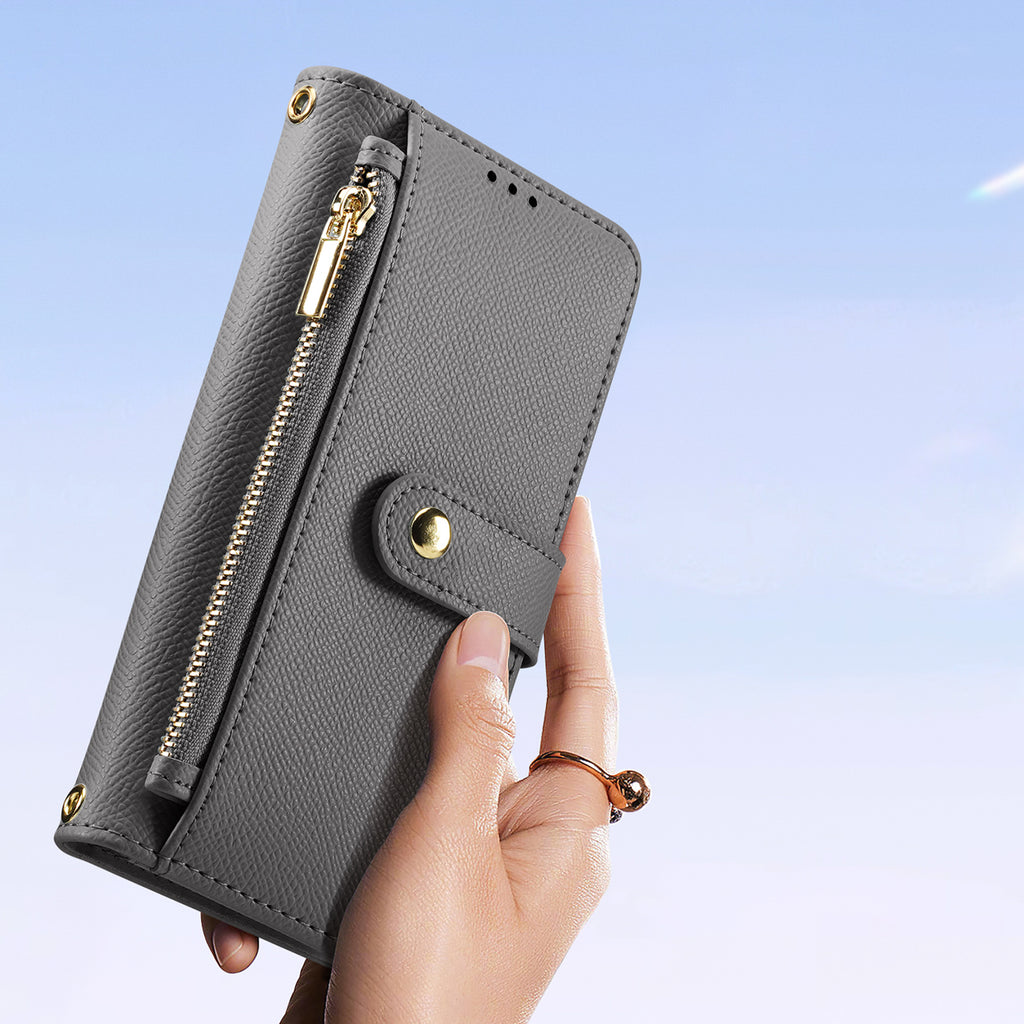 Dux Ducis Lawa odinis dėklas iPhone 15 su pinigine – pilkas