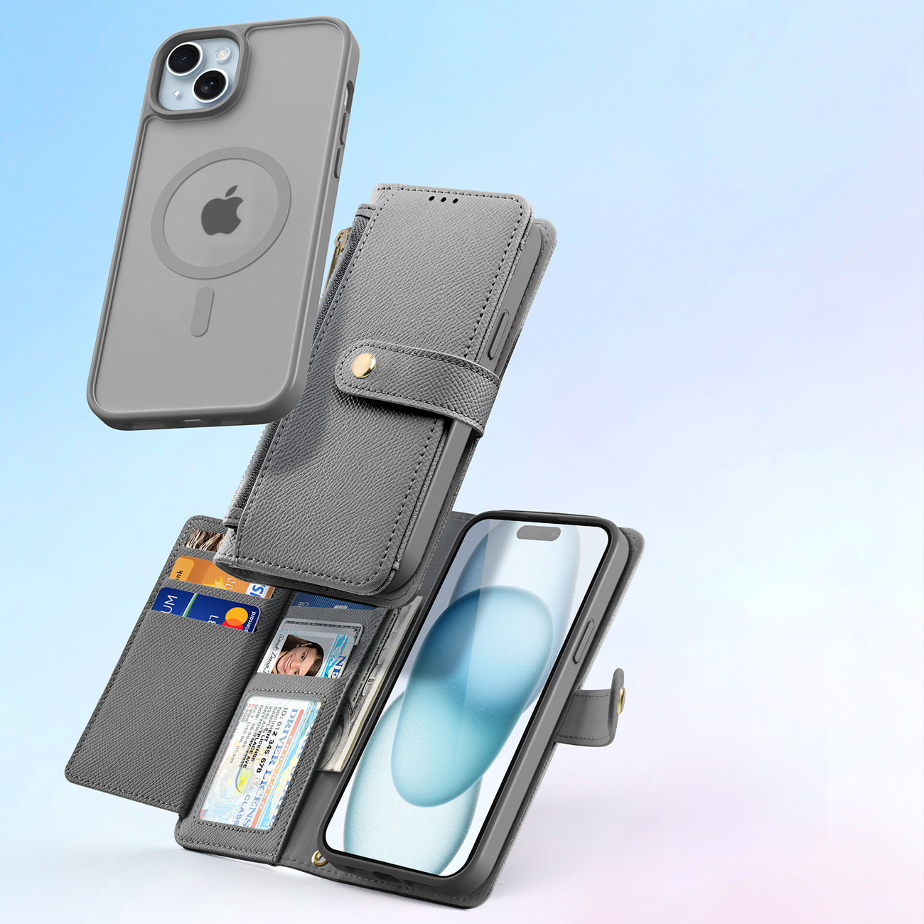 Dux Ducis Lawa odinis dėklas iPhone 15 su pinigine – pilkas