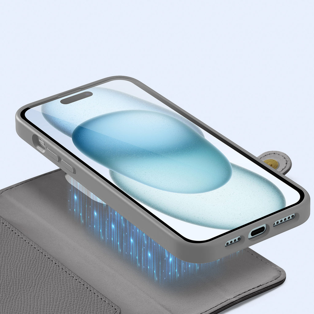 Dux Ducis Lawa odinis dėklas iPhone 15 su pinigine – pilkas