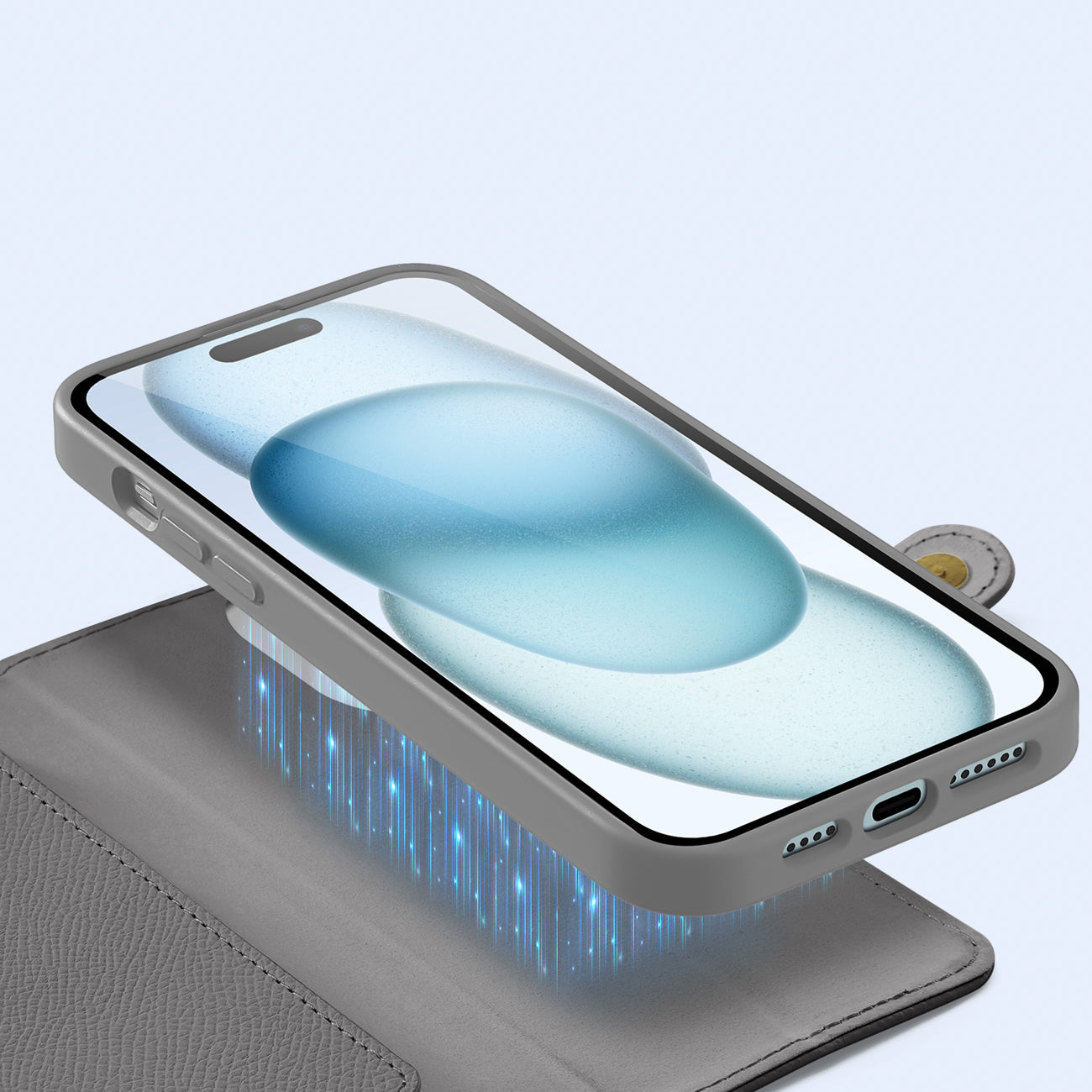 Dux Ducis Lawa odinis dėklas iPhone 15 su pinigine – pilkas