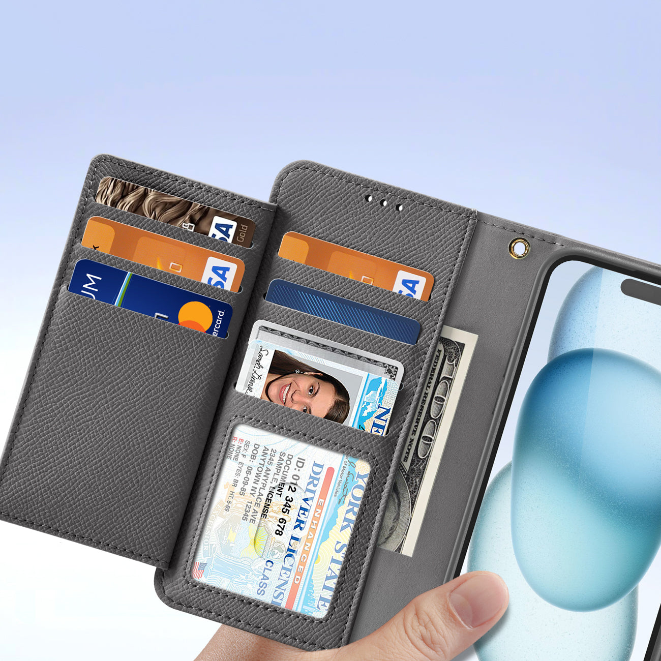 Dux Ducis Lawa odinis dėklas iPhone 15 su pinigine – pilkas