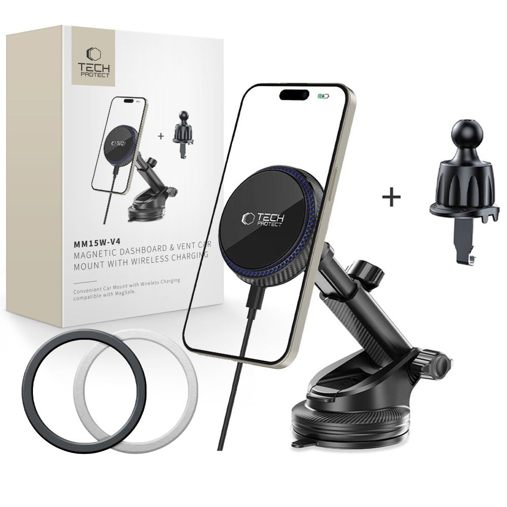 Tech-Protect MM15W-V4 magnetinis MagSafe 15W automobilinis laikiklis kokpitui / priekiniam stiklui / oro ventiliacijos angai - juodas Pirmasis paveikslėlis