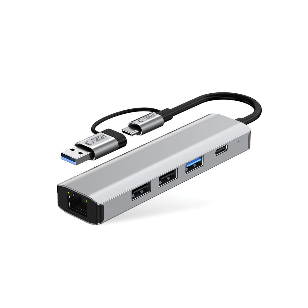 Tech-Protect HB03 HUB adapteris 5in1 USB-C + USB2.0 + USB3.0 + RJ45 - pilkas -- USB Adapters