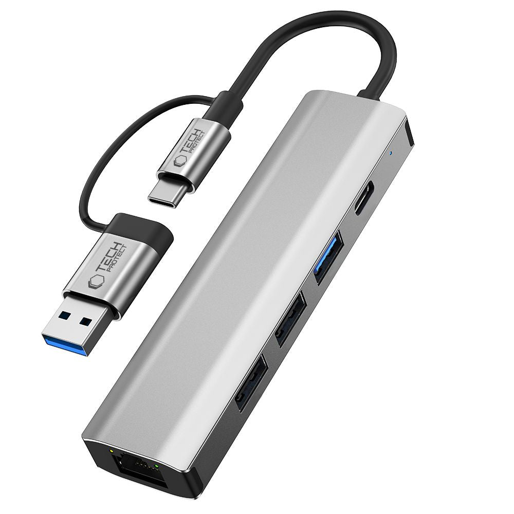 Tech-Protect HB03 HUB adapteris 5in1 USB-C + USB2.0 + USB3.0 + RJ45 - pilkas -- USB Adapters